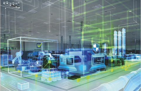 Planta industrial digital inteligente con visualización de datos